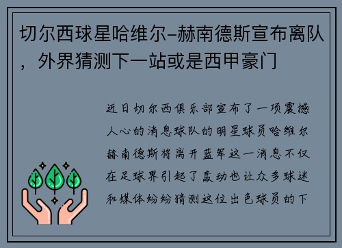 切尔西球星哈维尔-赫南德斯宣布离队，外界猜测下一站或是西甲豪门